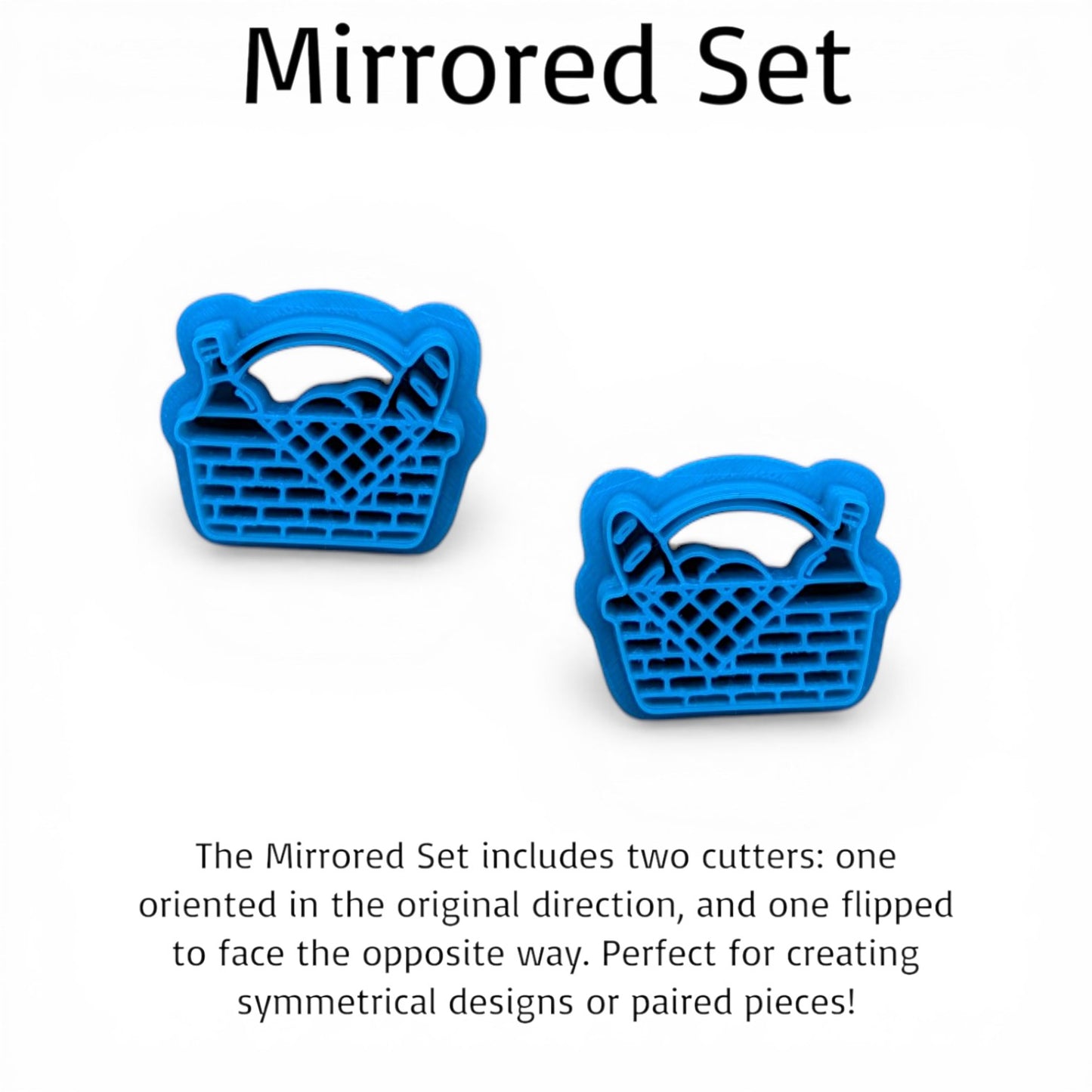 Two blue basket-shaped cutters on a white background with text describing the mirrored set.