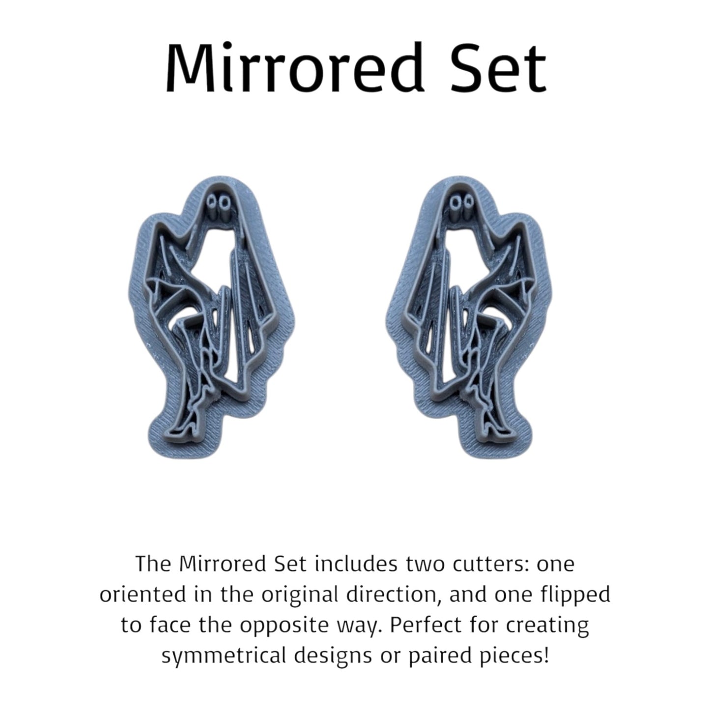 Mirrored set of two ghost-shaped 3D printing cutters shown on a white background with descriptive text. The cutters are dark gray with a light blue-gray backing, demonstrating a symmetrical design.