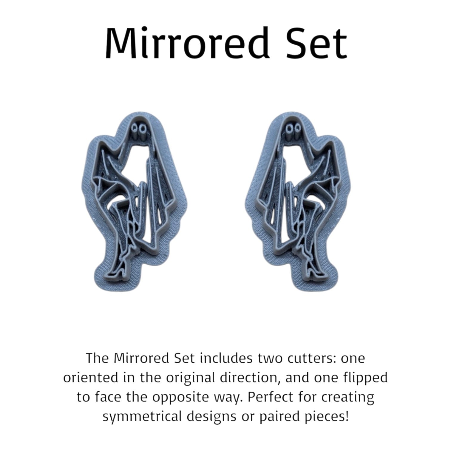 Mirrored set of two ghost-shaped 3D printing cutters shown on a white background with descriptive text. The cutters are dark gray with a light blue-gray backing, demonstrating a symmetrical design.