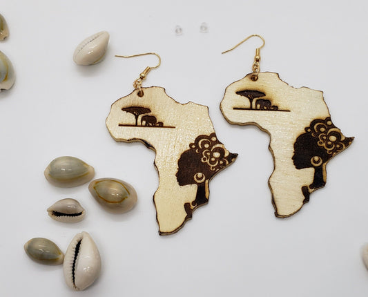 African, Afrocentric art, engraved, wood earrings, vintage look with glossy finish